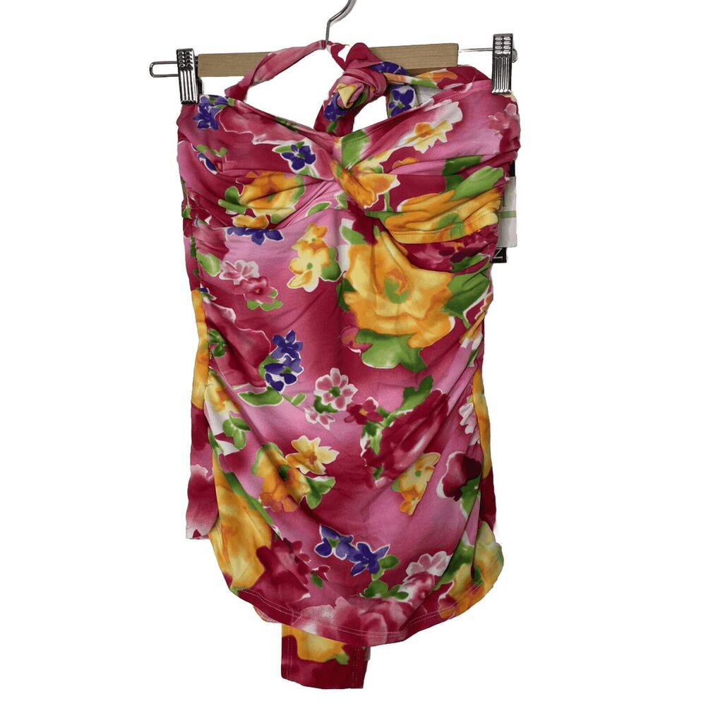 New Jantzen Size 8 Floral Swimsuit One Piece Tummy Control Halter Top Gathered